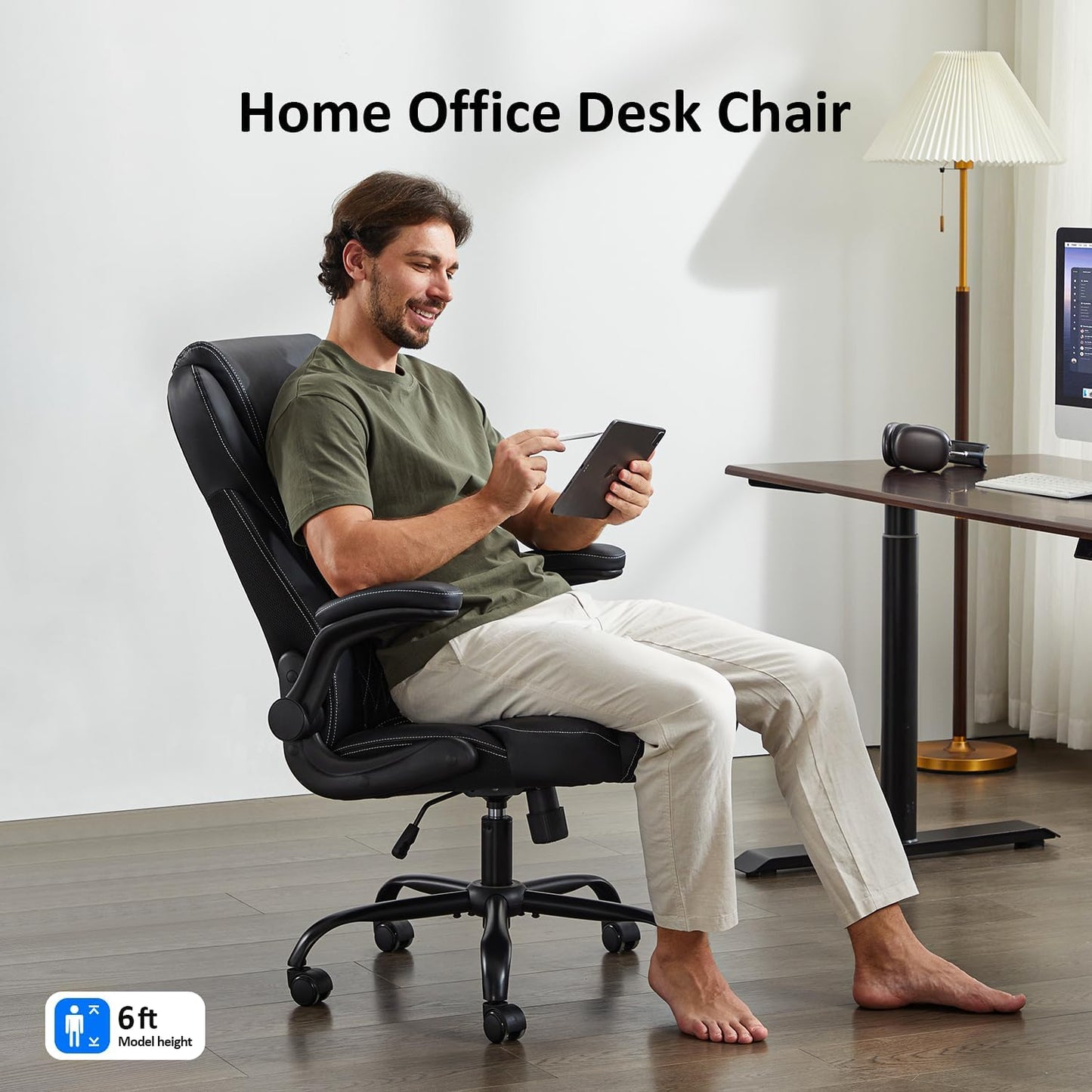 Office Chair, Executive Leather Chair Home Office Desk Chairs, Ergonomic Computer Desk Chair with Adjustable Flip-Up Arms, Lumbar Support Swivel Task Chair with Rocking Function (Black)