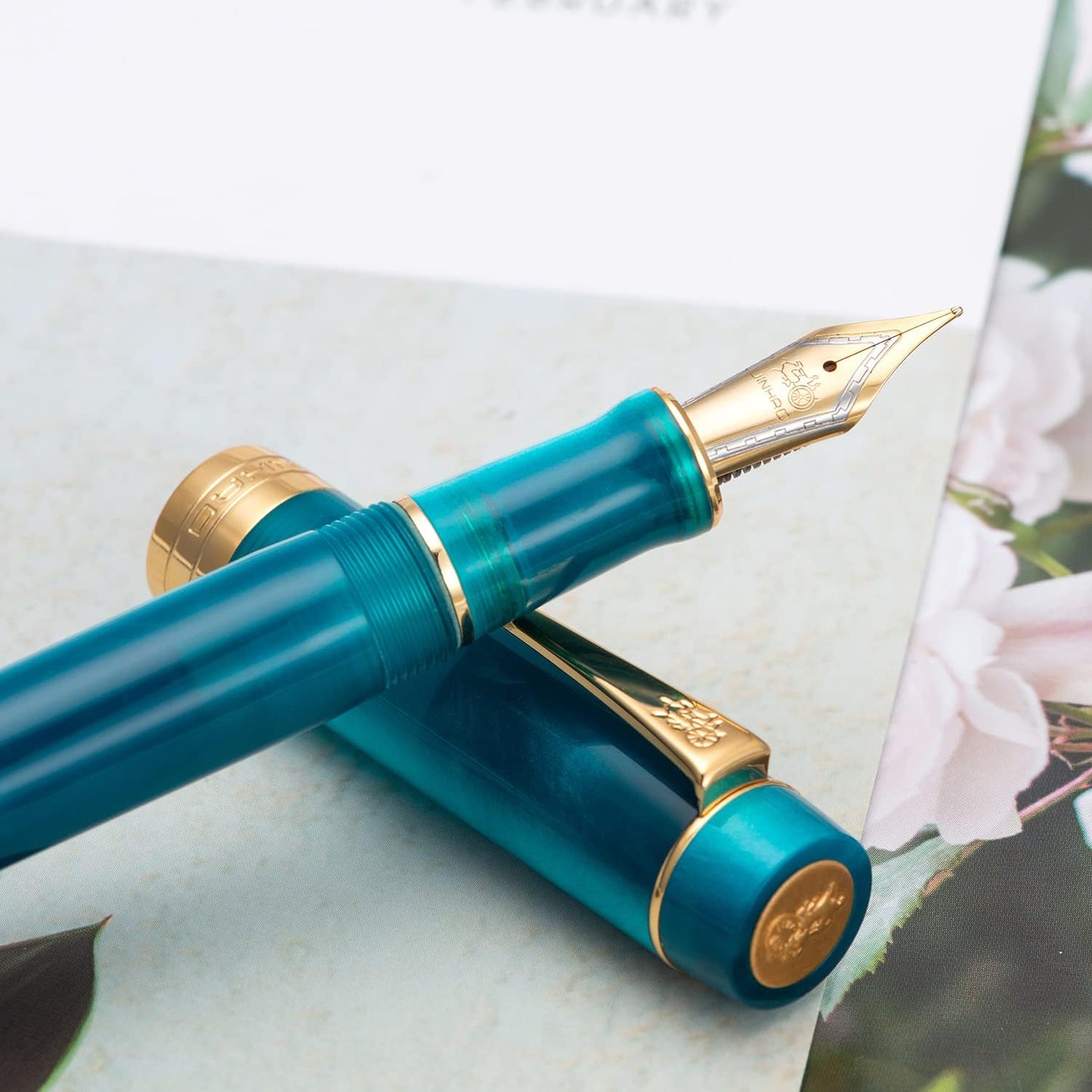 Jinhao 100 Fountain Pen Celluloid Classic Style, #6 Nib Smooth Writing Instrument with Refillable Converter and Pen Case Set