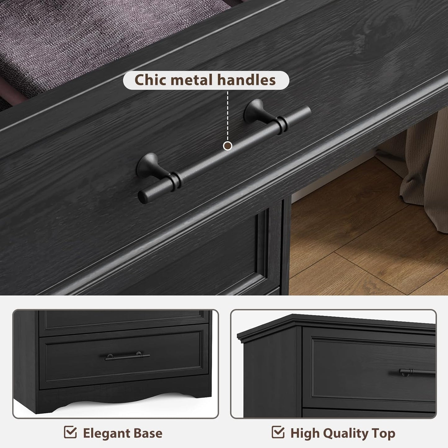 Black Farmhouse Dresser for Bedroom, Modern 6 Chest of Drawers, 44" Tall Chest of Drawers w/Brushed Metal Handle, Wood Closet Organizers and Storage Cabinet for Bedroom, Living Room, Hallway