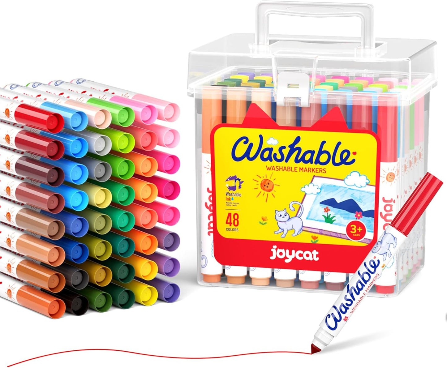 JoyCat 48 Count Washable Markers for Kids, 48 Colors Washable Markers Set with Carrying and Storage Case, Coloring Marker Bulk for Boys Girls, School Classroom Supplies