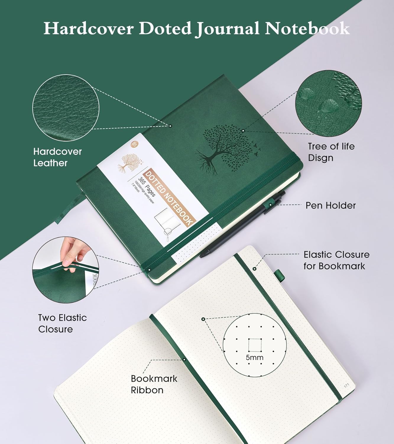 Dotted Journal Notebook, 360 Numbered Pages Bullet Dot Journals,100gsm Dot Paper Thick Hardcover Leather Journal for Writing Women Men, B5 Big Dotted Grid Notebooks for Work School Green
