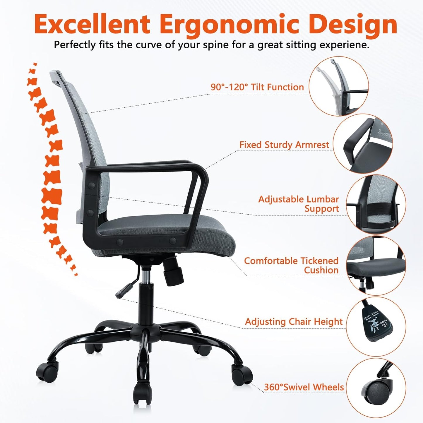 CLATINA Ergonomic Office Desk Chair - Mesh Office Chair with Adjustable Lumbar Support, Rolling Comfortable Computer Task Chairs with Arms for Home Conference-Gray