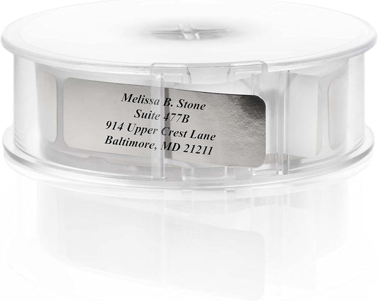 Silver Foil Personalized Return Address Labels with Elegant Dispenser - Roll of 250 Custom Stickers