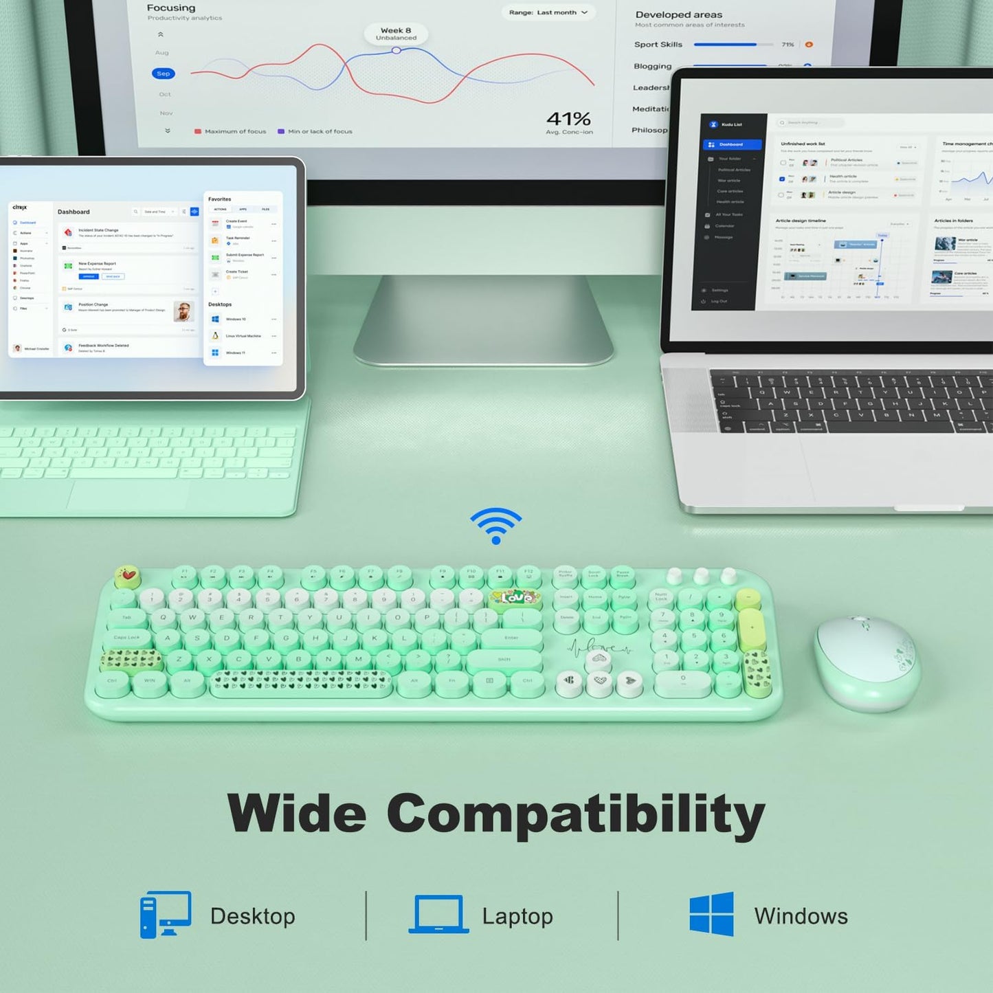 MOFII Wireless Keyboard and Mouse Combo, Full Size 2.4G Plug and Play Typewriter Retro Round Computer Keyboard and Mouse Set for Windows, Computer, Desktop, PC, Notebook - (Green Colorful)