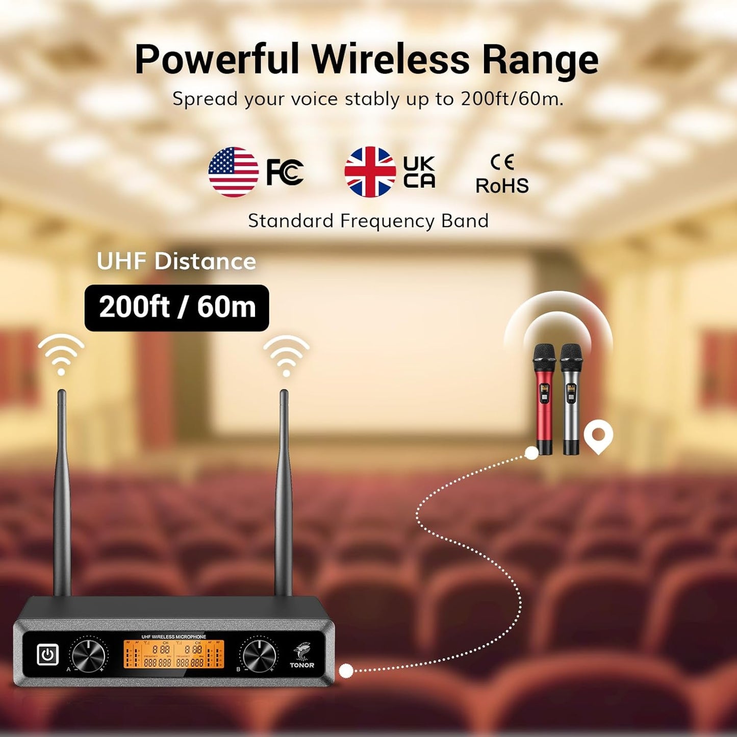 TONOR Wireless Microphone System, Professional Metal Cordless Karaoke Microphones, Handheld Dynamic Mic Set with Receiver for Home Party, Meeting, KTV, Church, DJ, Wedding, Singing, 200ft, TW820 Red