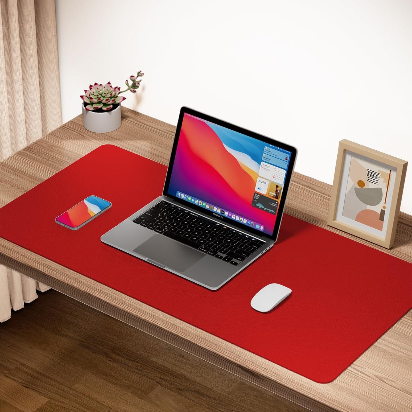 Boutilon Leather Desk Pad Protector,Non-Slip Mouse Pad,Laptop Desk Pad,Office Mouse Mat,Waterproof Leather Desk Blotter,Desk Writing Pad for Office and Home (L-Red,35"x 17")