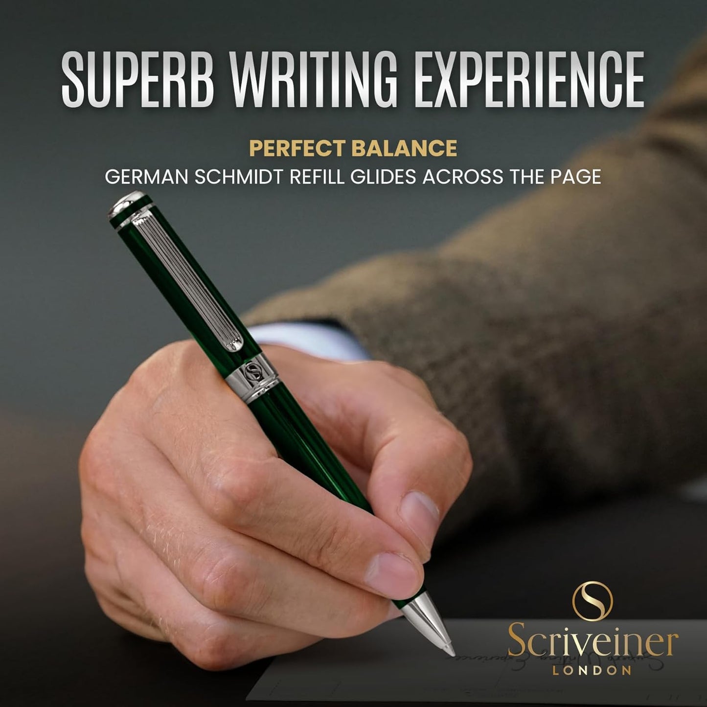Scriveiner Personalized British Racing Green Pen - Stunning Green Lacquer Luxury Pen with Chrome Finish, Schmidt Ink Refill, Best Engraved Ball Point Gift Set for Men & Women, Custom Name Engraving