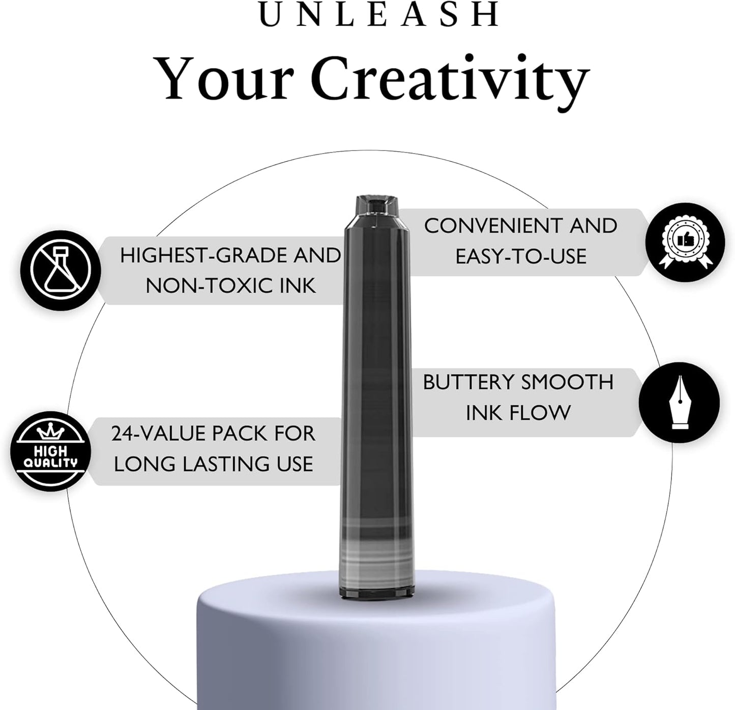 24 Black Fountain Pen Ink Refills - 24 Pack International Standard Size Cartridges - Ink for Fountain Pens - Premium Quality & Non-Toxic, Long-Lasting & Waterproof, Dries Quickly