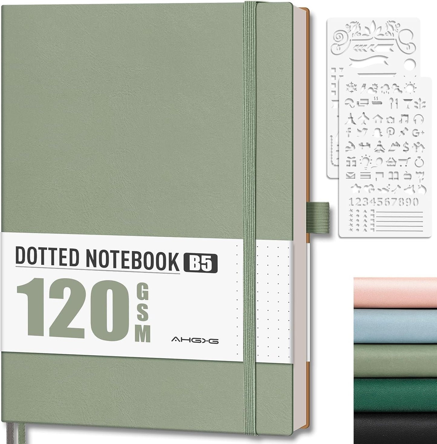 AHGXG Bullet Dotted Journal - Dot Grid Notebook Journal, 120 GSM Thick Acid-Free Paper, Large B5 Dotted Notebook 96 Pages, Leather Softcover, Inner Pocket, Journal Stencil, 7.6'' X 10'' - Sage Green