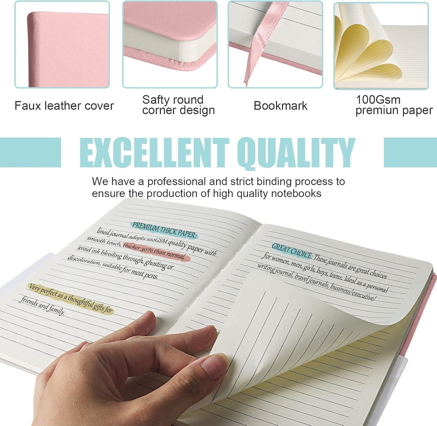 Lined Journal Notebook, 6Pack(pink), 160 Pages, Medium 5.7 inches x 8 inches - 100 gsm Thick Paper, Hardcover