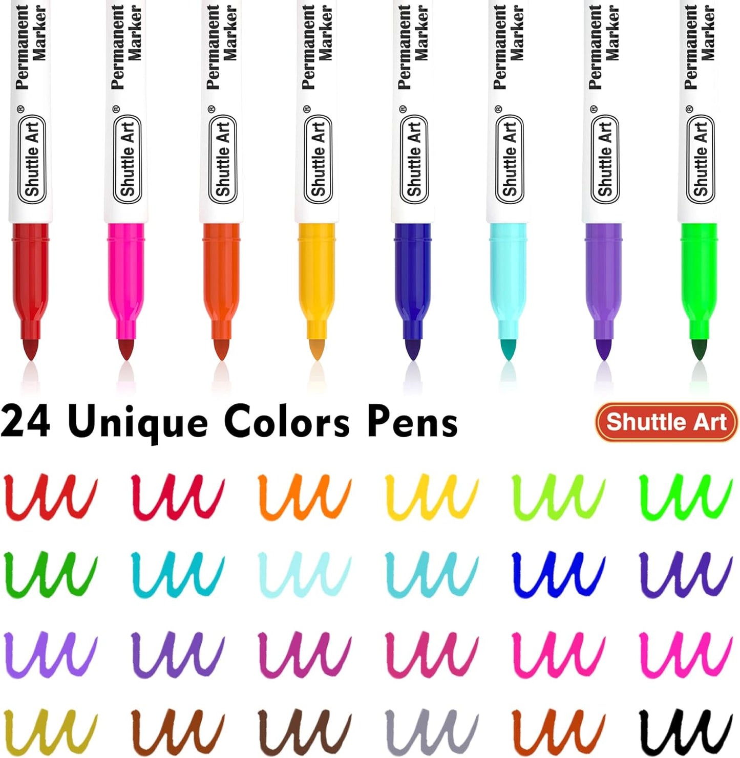 Shuttle Art Permanent Markers, 24 Colors Fine Point Assorted Colors Permanent Marker Set, Works on Plastic,Wood,Stone,Metal and Glass for Doodling, Coloring, Marking