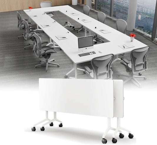 Conference Table, Folding Conference Desk Modern White, Seminar Table with Wheels, 2-10 People for Office, Meeting Break Room (2, 1915, 55IN)