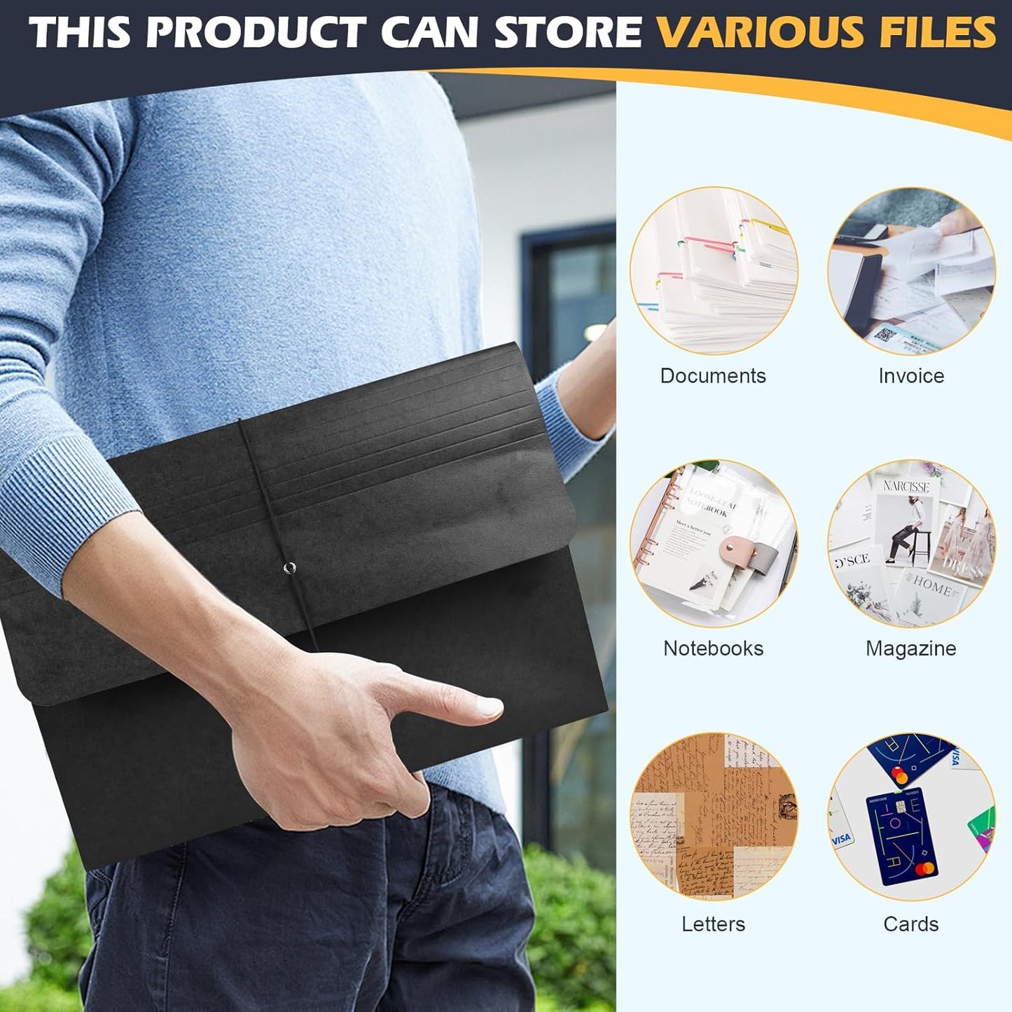 3 Pcs Accordion File Wallet Expanding File Folder with Flap and Cord Closure, 4 Inch Expansion, Letter Size Accordion Files Organizer, 10 x 15 Inches, Black