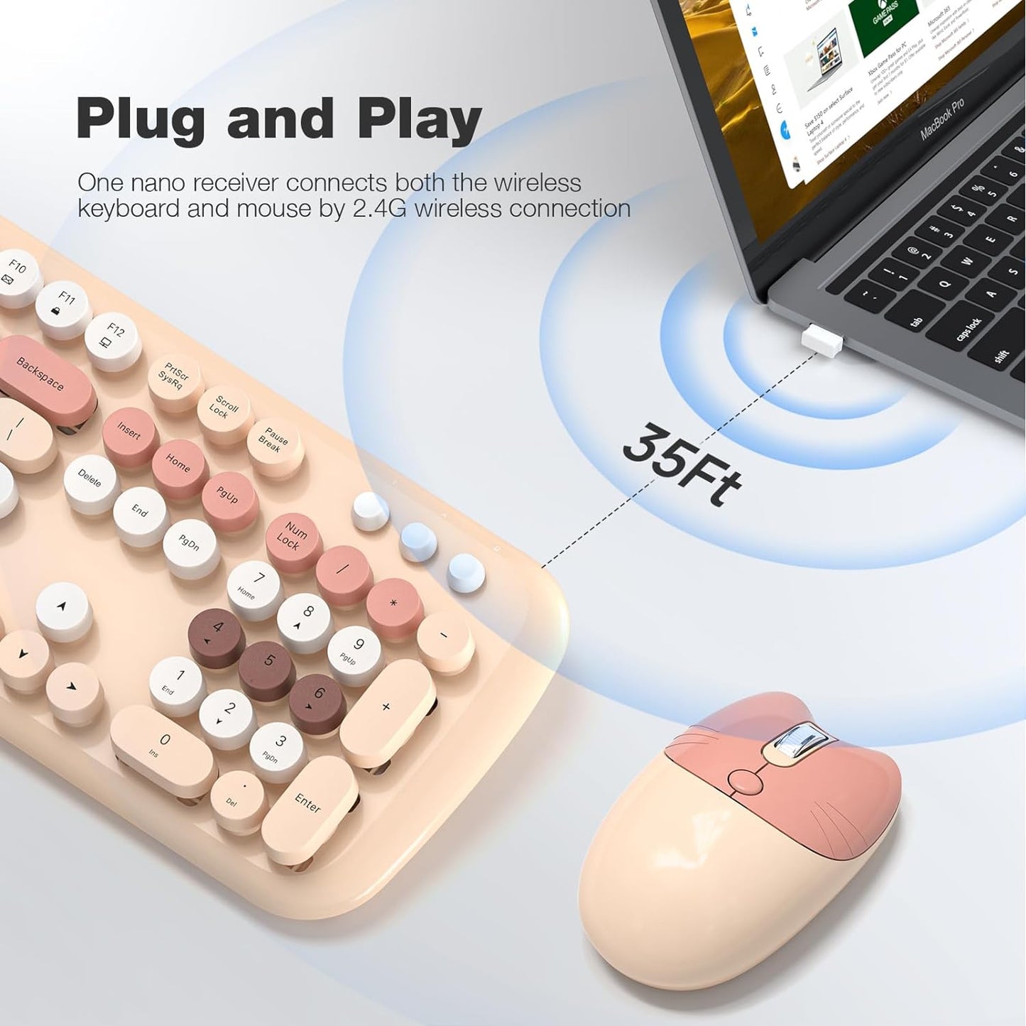 Wireless Keyboard and Mouse Combo for Windows, MOWUX 2.4G Full-Sized External Cordless Computer Keyboard, Compact Mouse, 8 Multimedia and Shortcut Keys, for PC, Laptop - Milk Tea Colorful