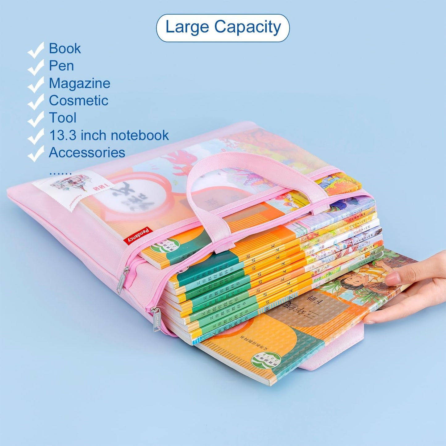Pendancy Mesh Zipper Pouch 11x13.7 in, 2 pcs Large Double Pocket Waterproof File Bag with Handle, A4 Size Foldable Document Storage for Puzzle Project/Cross Stitch/Travel/Office（Blue Pink）
