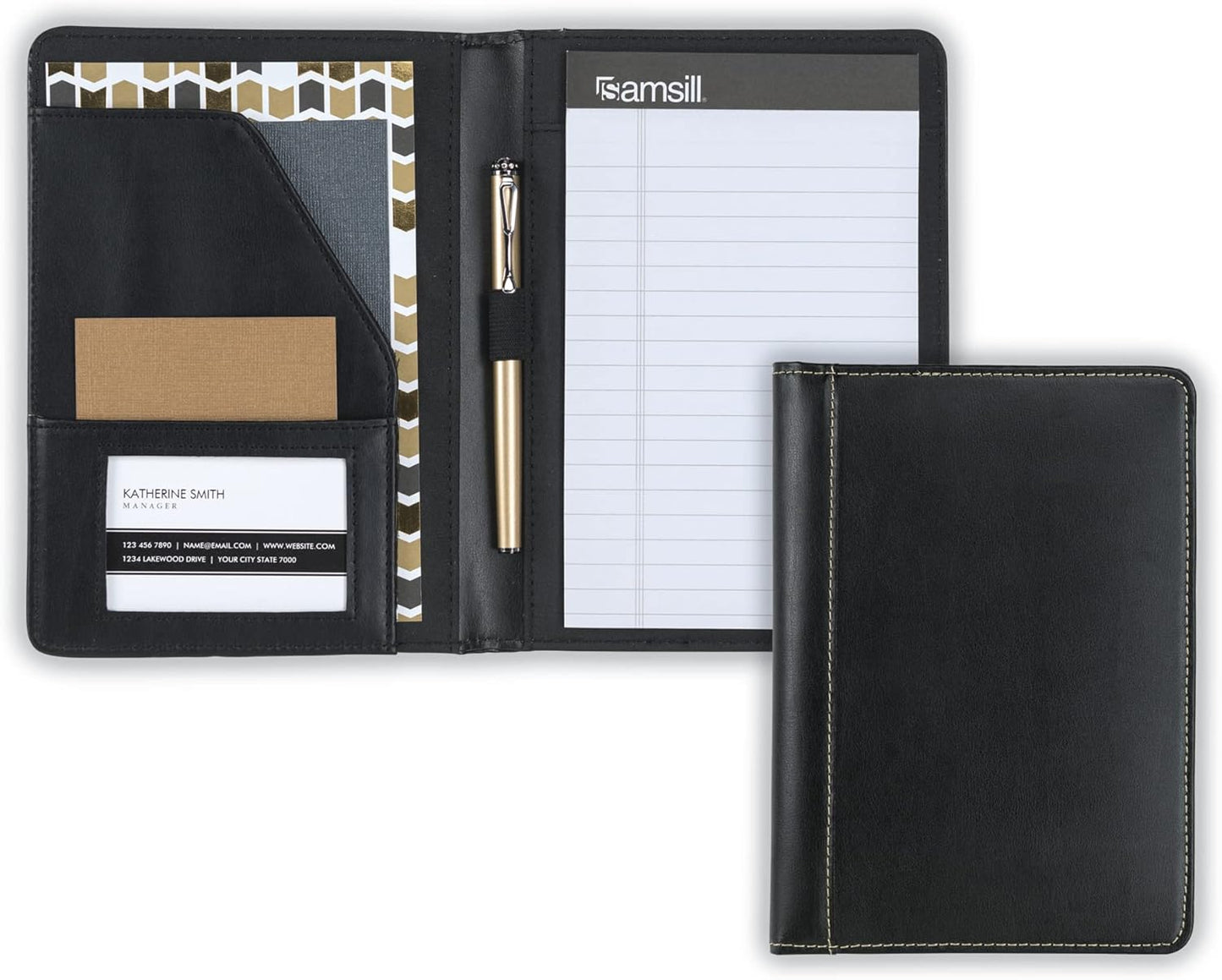 Samsill Contrast Stitch Faux-Leather Portfolio, Mini Size Business Interview Professional Padfolio, Includes 5 x 8 Inch Writing Pad, Black