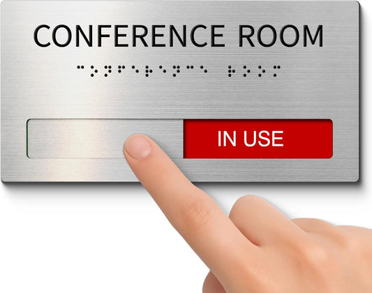 Conference Room Office Door Signs Do Not Disturb, In Use/Available Slider Sign with Raised Text & Grade 2 Braille, Conference Vacant Occupied Sign Brushed Aluminum/Silver