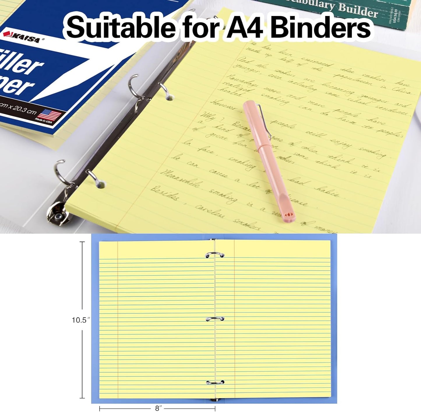 KAISA Loose Leaf Notebook Paper, College Ruled, 300 Sheets Per Lined Paper, 8" x 10.5", 3 Hole Punched for 3 Ring Binder, Canary, Made In USA