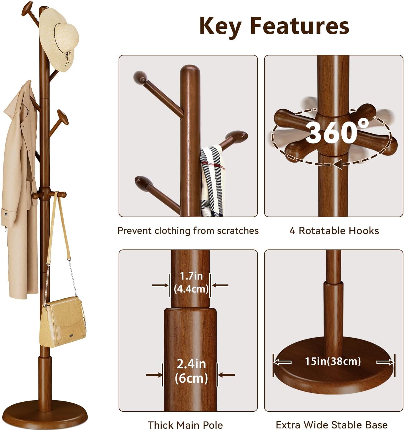 Solid Wood Coat Rack Freestanding Coat Tree with 10 Hooks for Bedroom, Livingroom, Entryway, Sturdy Coat Hanger Stand for Hats, Coats, Scarves, Handbags, Purses