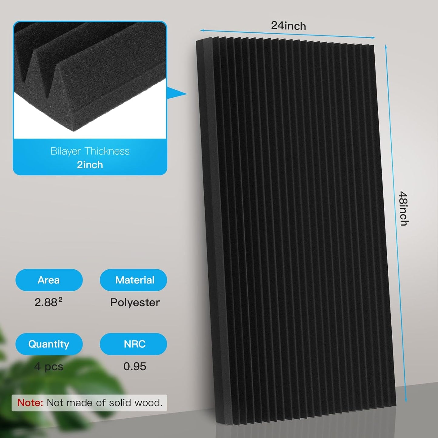 4 Pack Acoustic Foam Panels, 48 x 24 x 2" Sound Absorbing Panels High Density Studio Wedge Tiles for Home,Office, Recording Room, Studio (Black 4 Pack, 48 x 24 x 2 Inch)