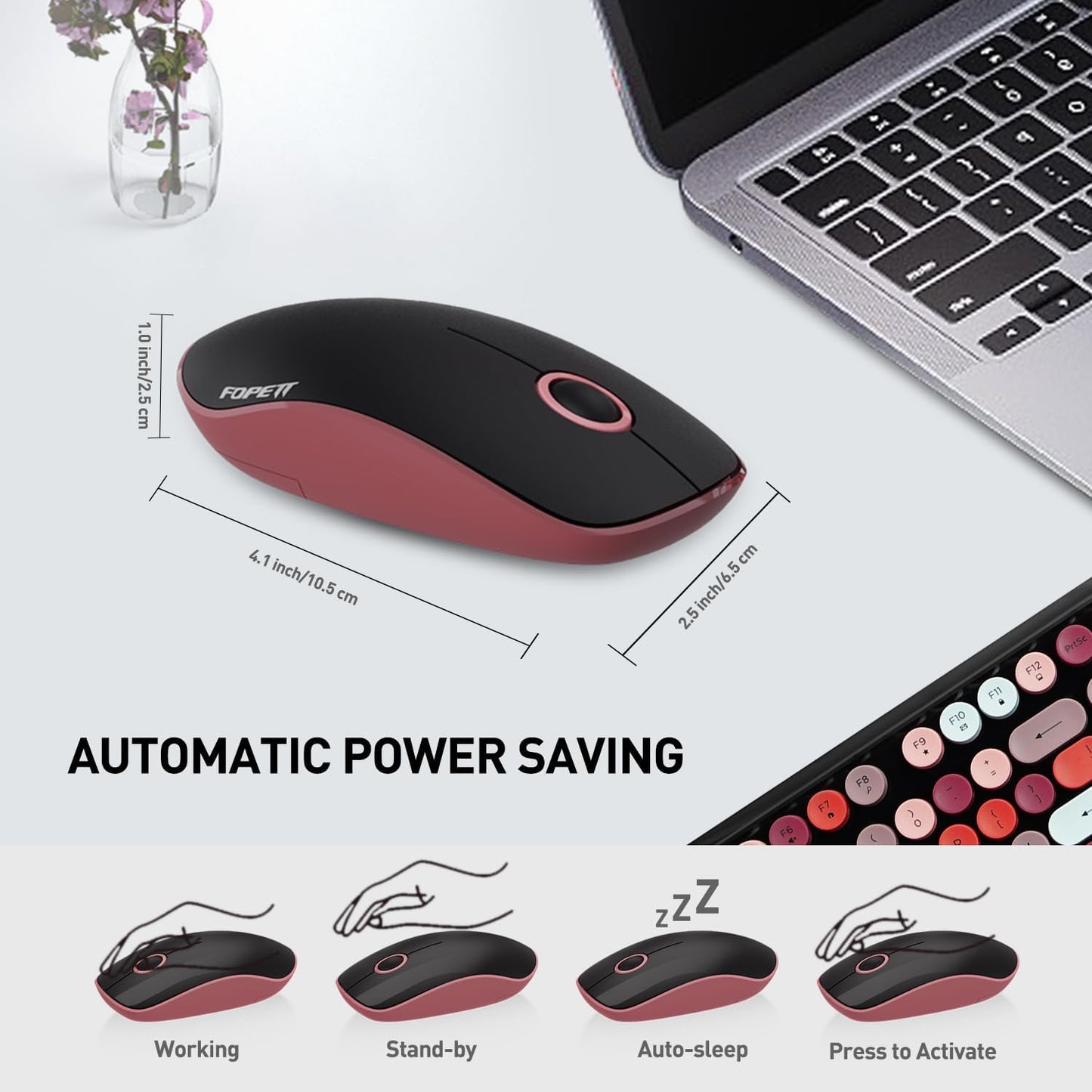 FOPETT 2.4GHz Wireless Keyboard and Mouse Set with Switch Button - Full-Size Keyboard - Compatible for Windows/Laptop/PC/Notebook/Smart TV and More - Black Colorful