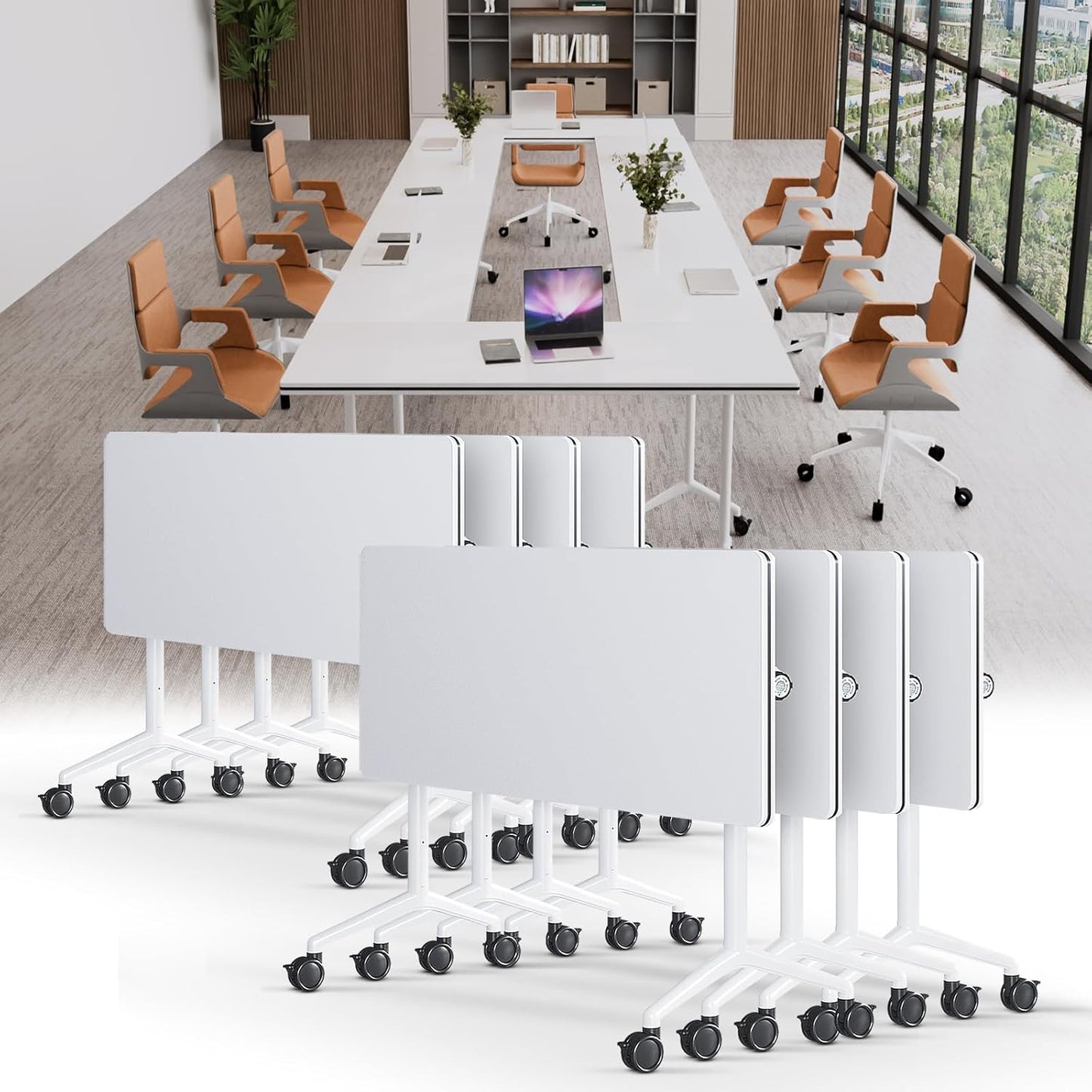 Conference Table, Folding Conference Tables for 2-20 People, Modern Conference Room Table with Wheels, Super Sturdy Large Rectangle Mobile Meeting Seminar Tables for Office (8PCS 55.1in)