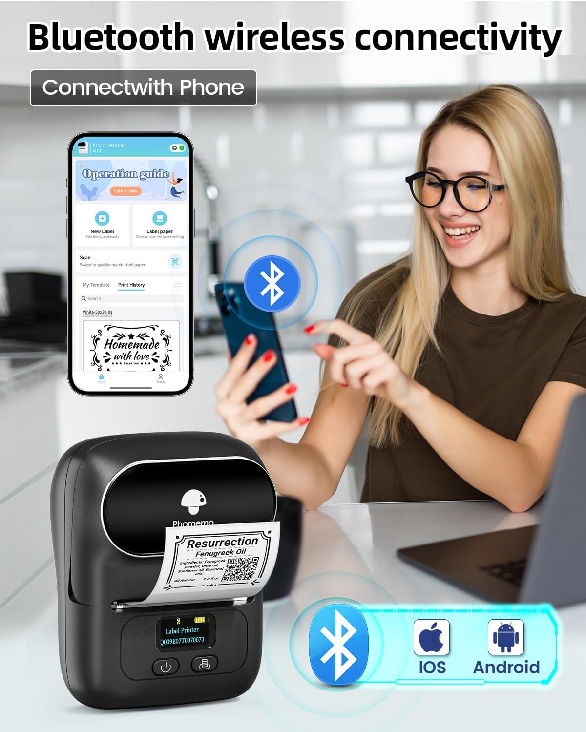 Phomemo Label Maker - M110 Address Label Printer Bluetooth Thermal Printer for Business, Office, School, Home-use, Barcode, Logo, Clothing Labels, with 3 Label Roll, Black