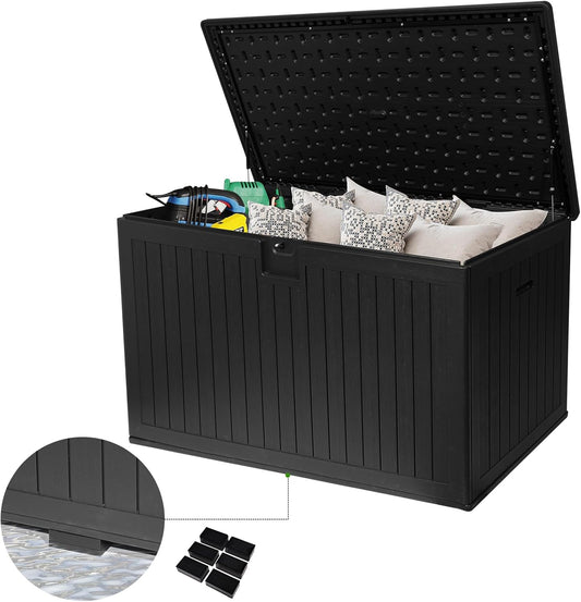 260 Gallon Outdoor Storage Box Waterproof, Extra Large Plastic Outside Deck Box Weatherproof, Resin Patio Storage Bin with Lock and Lids for Pool Equipment, Cushion, Black