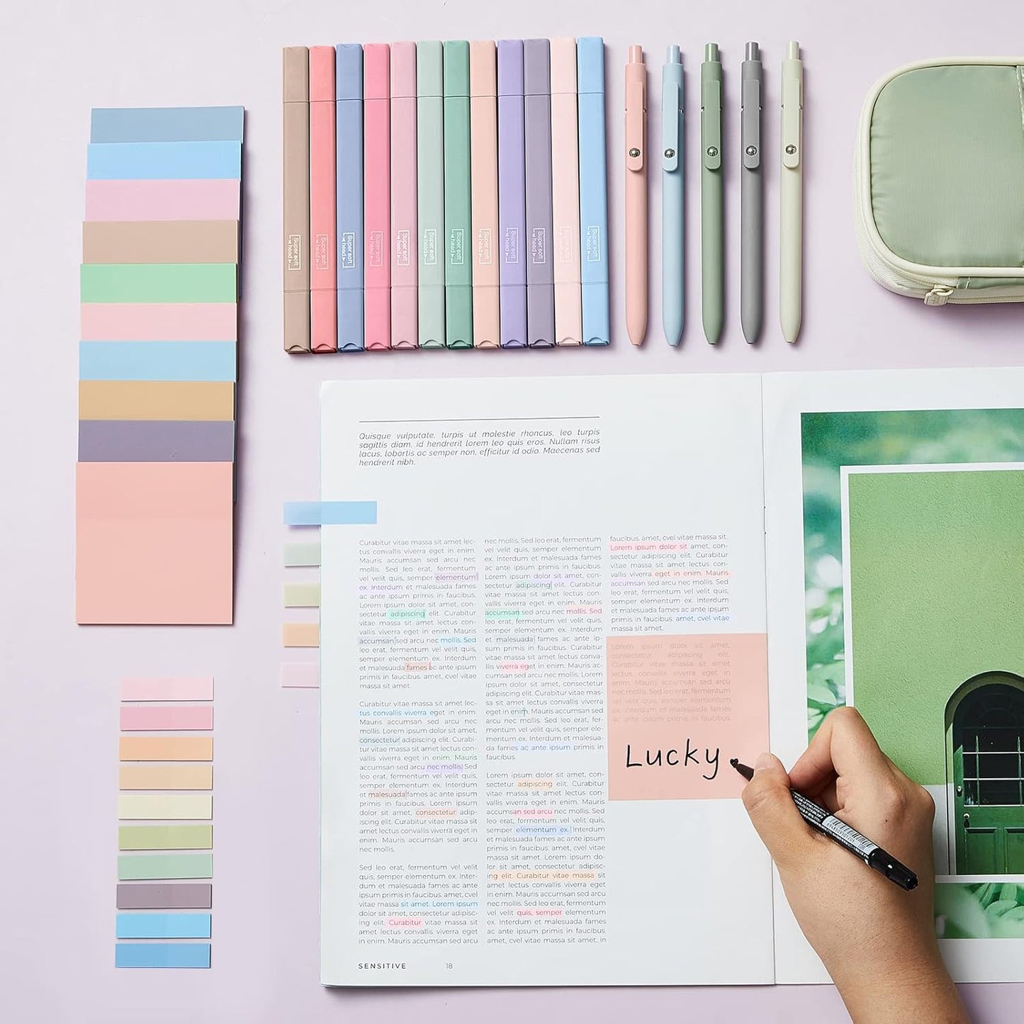 Jutom 38 Pcs Book Annotation Kit Aesthetic Highlighters Gel Pens Set Sticky Notes Tabs Markers Dual Ended Highlighter Quick Dry Ink Pens for Office Annotating Books(Classic Color,Square)