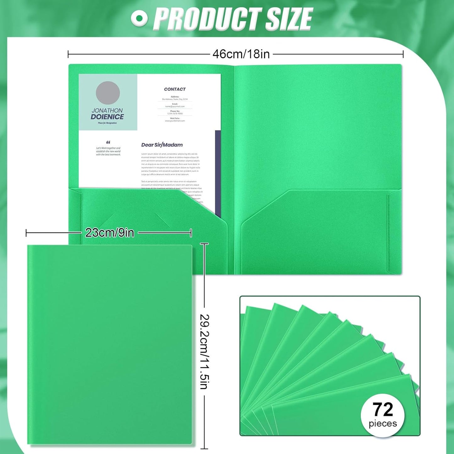 Gueevin 72 Pcs Two Pocket Folders Bulk Plastic File Folder with 2 Pockets Letter Size Paper Heavy Duty Durable Portfolios Case for Home Office School Business 11.61 x 9.45 Inch (Green)