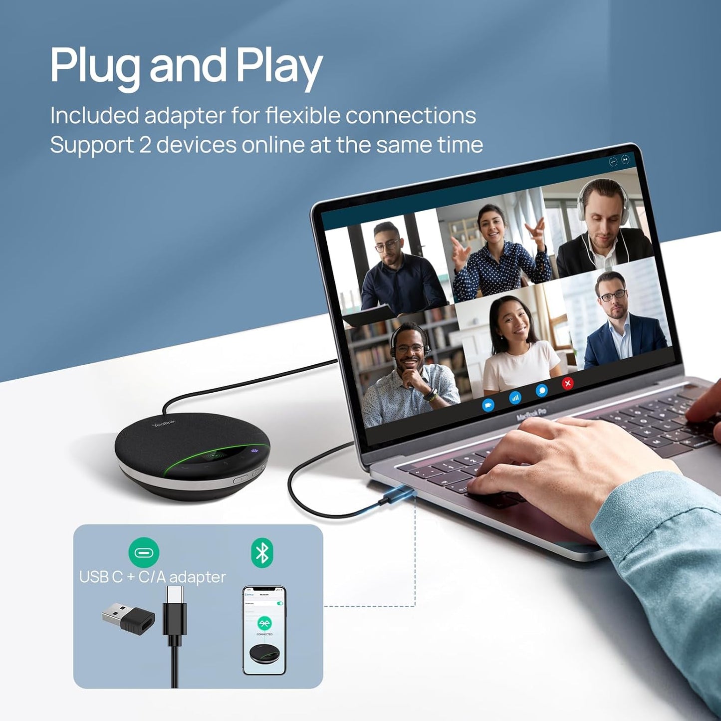 Yealink Bluetooth Speakerphone SP96 Support Daisy-Chain 26H Talk Time Teams Certified 65mm Conference Speaker and 6 Microphones Smart AI Noise-Canceling 5m Voice Pickup Radius 1.2m USB C/A 400g