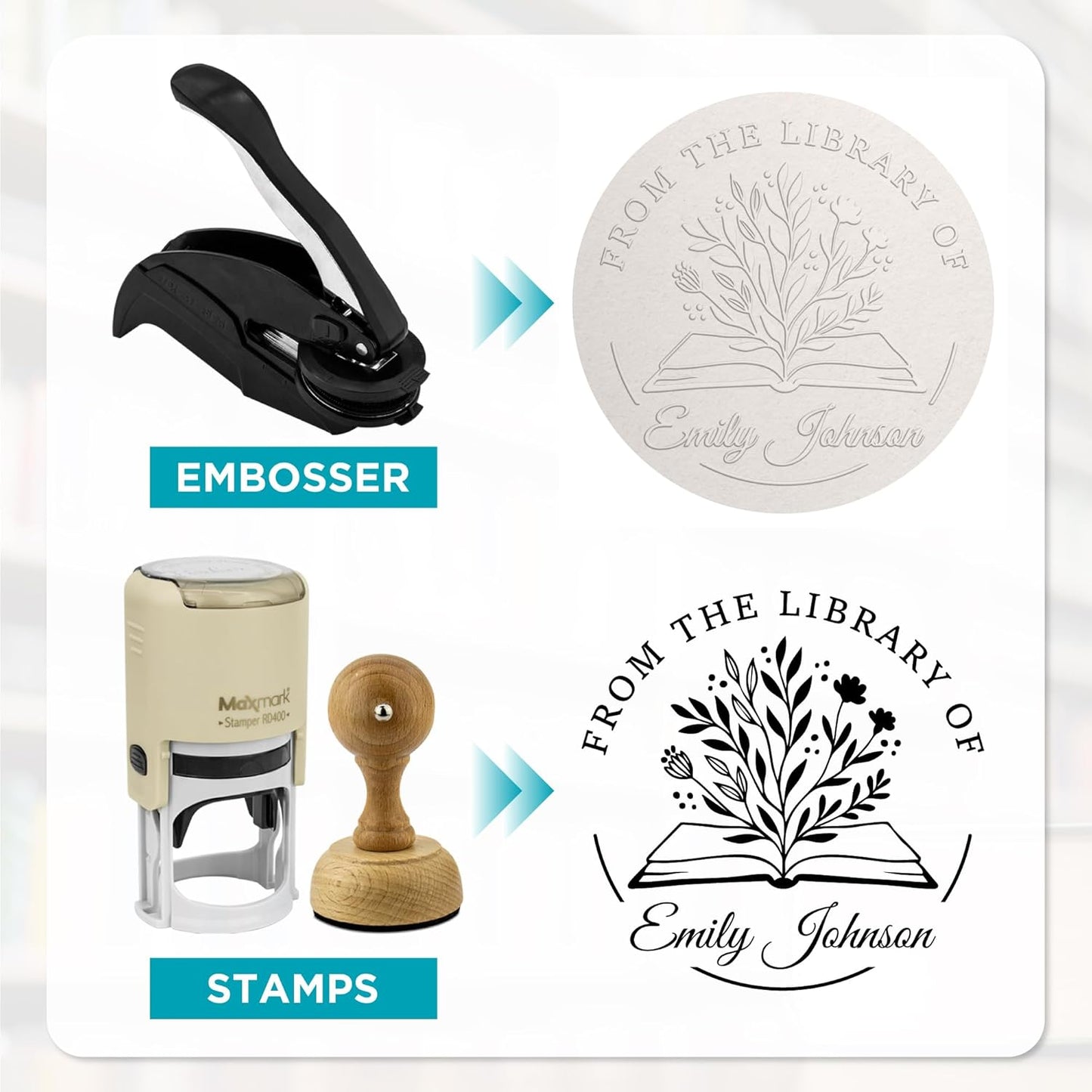 Custom Library Embosser - Style 102 - Embosser, Wood Stamp or Self Inking Stamp - Book Embosser Includes 50 Gold Seals - Custom Stamp Seal from The Library of