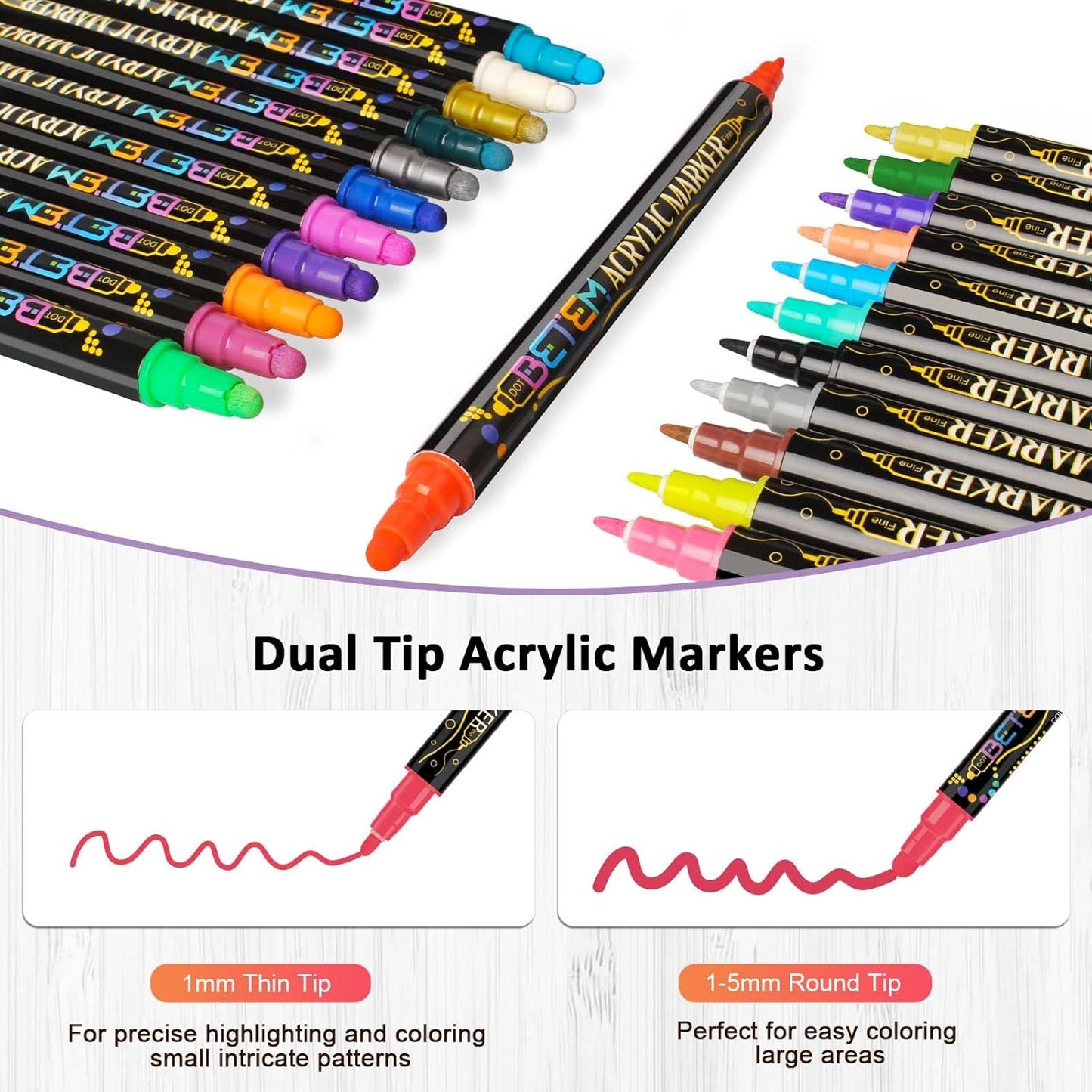 Betem 48 Colors Dual Tip Acrylic Paint Pens Markers, Premium Acrylic Paint Pens for Wood, Canvas, Stone, Rock Painting, Glass, Ceramic Surfaces, DIY Crafts Making Art Supplies