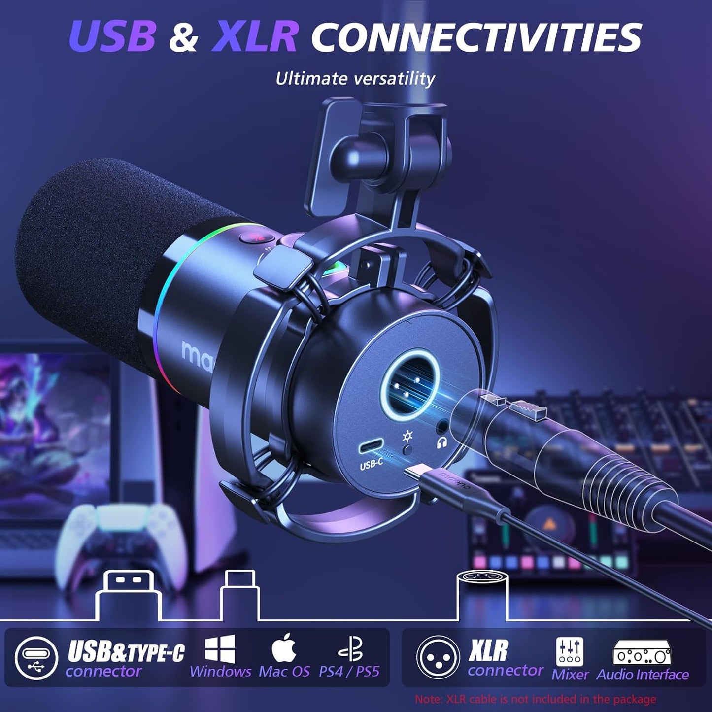 MAONO XLR/USB Dynamic Microphone Kit, RGB Podcast Mic with Software, Mute, Gain Knob, Volume Control, Boom Arm for Streaming, Gaming, Voice-Over, Recording-PD200XS Black