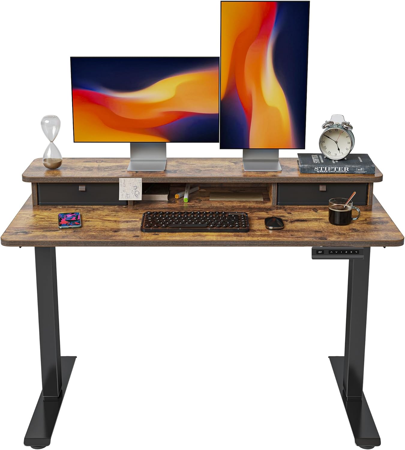 FEZIBO 48'' x 24'' Height Adjustable Electric Standing Desk with Double Drawer, Home Office Stand Up Table with 4 Height-Adjustable Feets & 2 Hooks, Vintage Brown