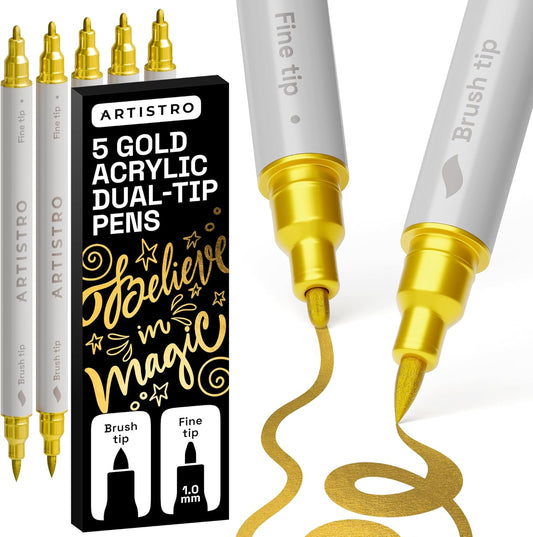 ARTISTRO 5 Gold Dual-Tip Acrylic Paint Pens - 1-5 mm Brush + 1mm Fine Tips - Multisurface Markers for Fabric, Glass, & More