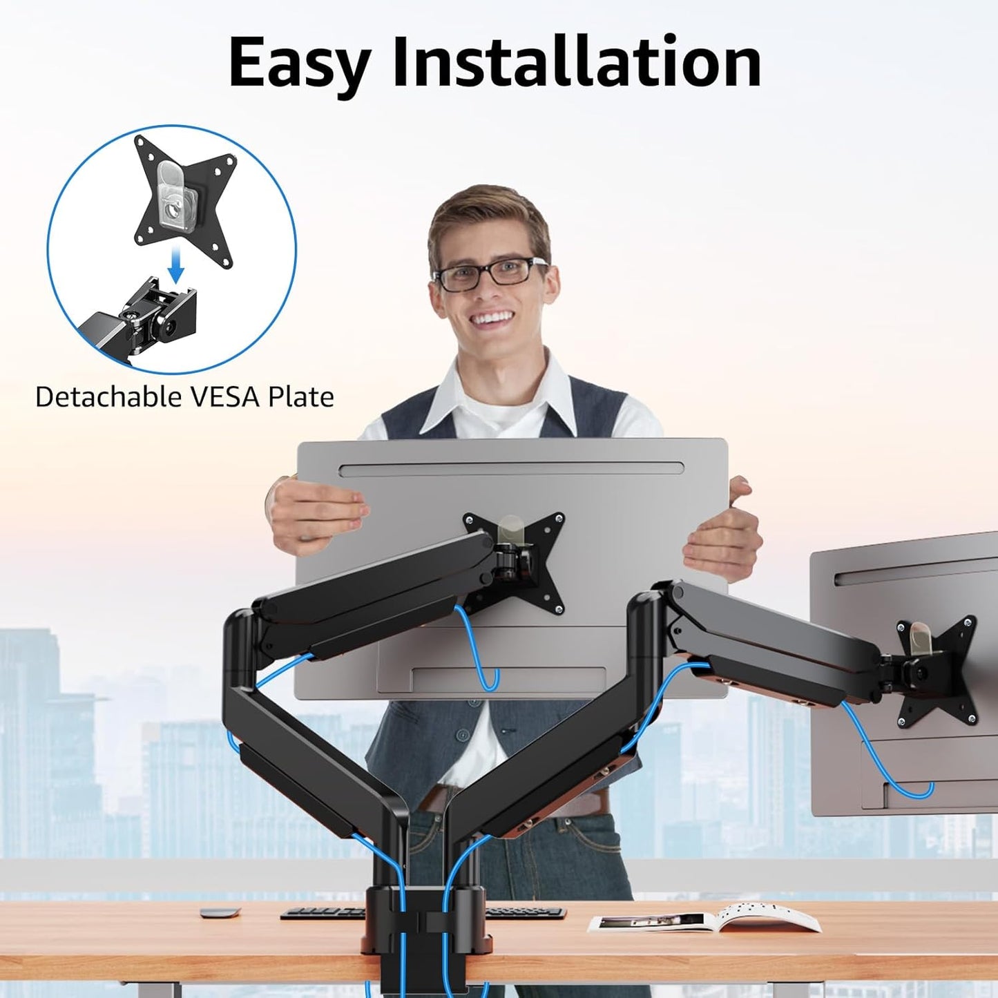 MOUNTUP Dual Monitor Mount fits 42 40 39 37 34 32 27 inch Ultrawide Screen, Holds 6.6-33lbs, Dual Monitor Arm Desk Mount, Heavy Duty Gas Spring Monitor Stand for 2 Monitors, with Clamp/Grommet Base