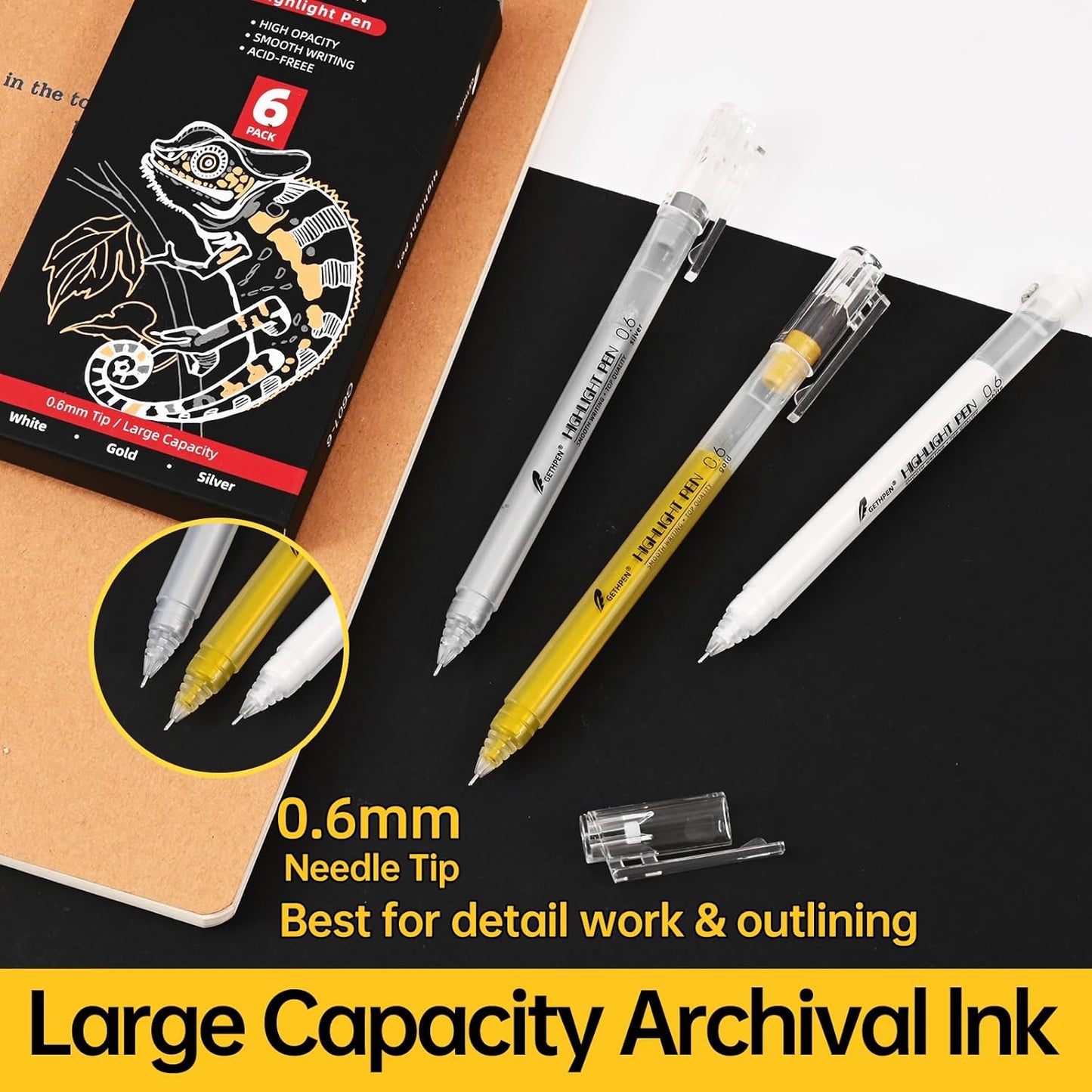 0.6mm Fine Point Silver Gel Pens, 3-Pack for Artists Drawing on Black Paper, Sketching, Adult Coloring Books & Modern Crafts