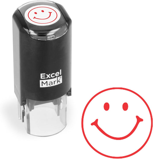 ExcelMark Round Teacher Stamp - Smiley FACE 1 - RED Ink