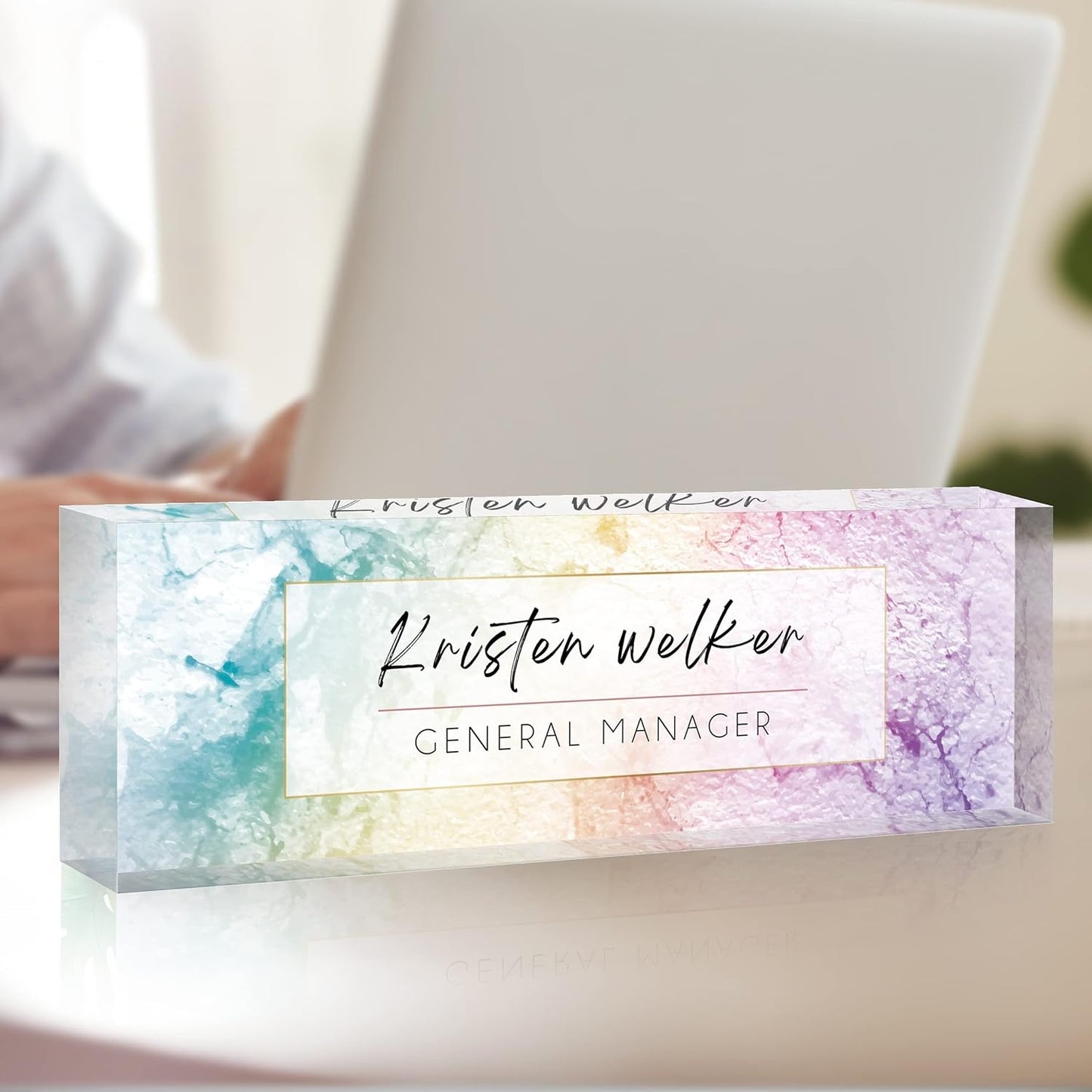 Desk Name Plate Personalized, Premium Blue Purple Texture Acrylic Desk Name Plate, Personalized Name Plate for Desk, Office Decor for Women or Men Coworkers, Boss, Employee, Teacher