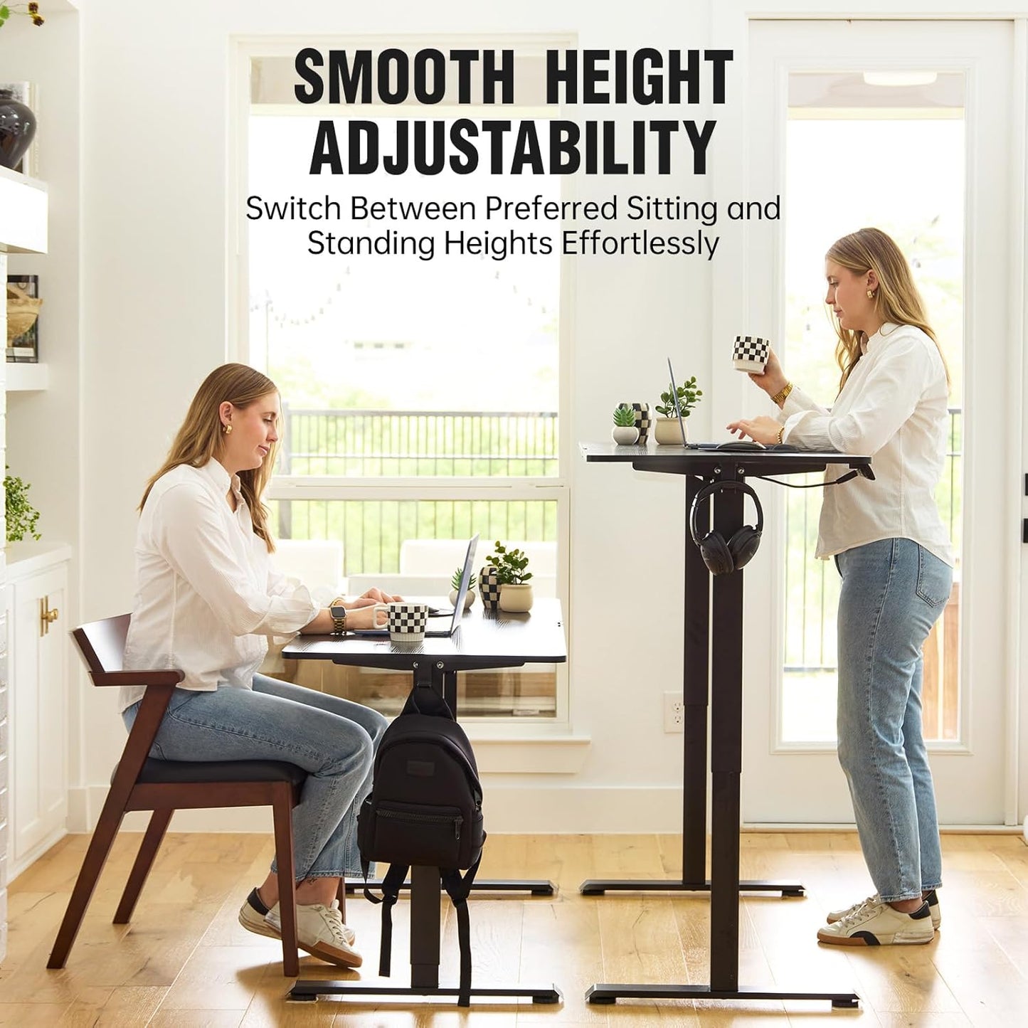 Veken 55 Inch, Height Adjustable Sit Stand Up, Wood Desktop, Work Home Office Computer PC Table, Tall Standup Workstation, Gaming Writing Study Bedroom Rising Desks, Black
