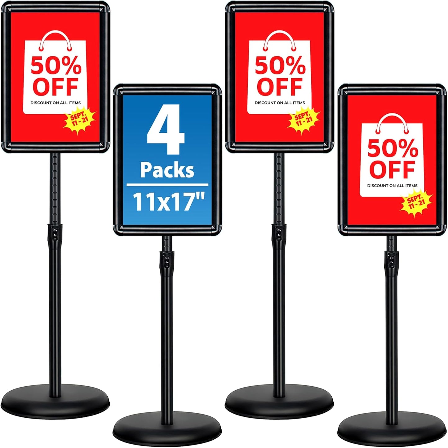 4 Packs 11x17 Inch Sign Stand - Adjustable Floor Standing Sign Holder, Pedestal Poster Stand for Vertical & Horizontal Display, Outdoor & Indoor Use for Business & Store Signage - Black