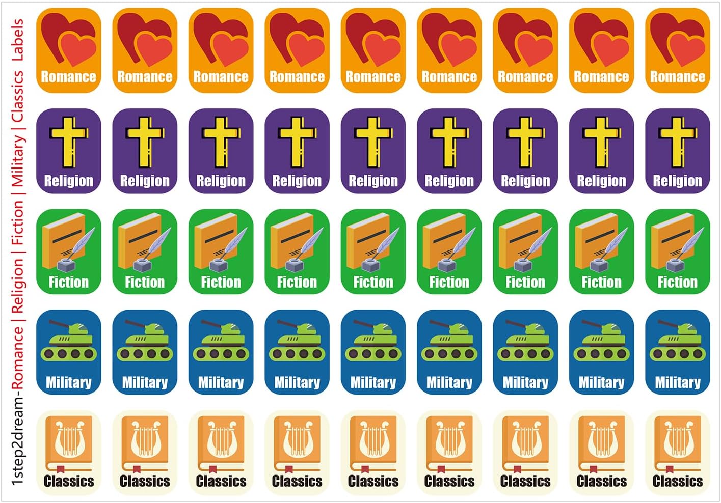 Genre Book Spine Labels for Classroom Library | 450PCS Stickers for Classroom Book Organization (Romance Religion Fiction Military Classics)
