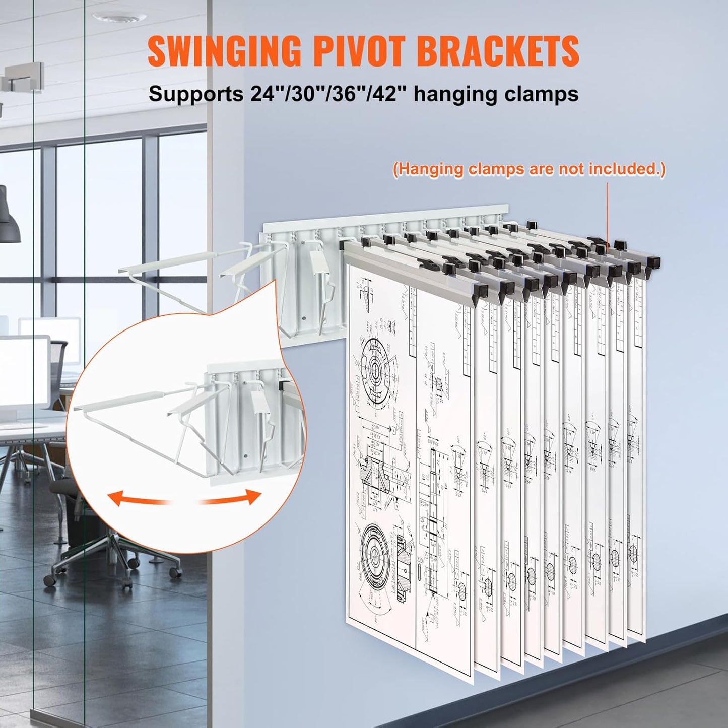 VEVOR Wall Mount Blueprint Storage Rack – Holds up to 1200 Blueprints, Hanging Blueprint Holder with 12 Pivot Brackets, for 24", 30", 36", or 42" Clamps(Rack Only Without Clamps)- Heavy Duty(240lbs)