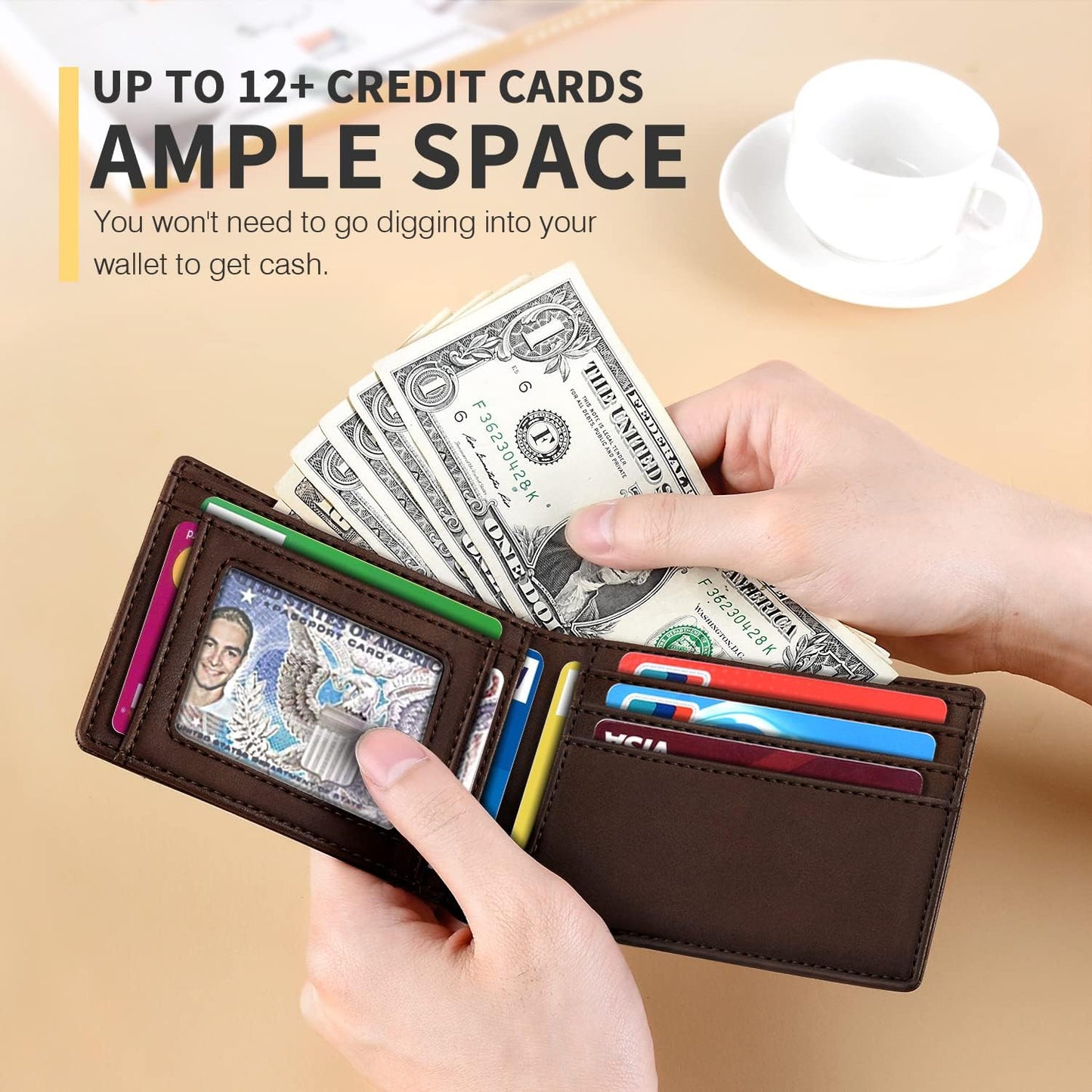 RUNBOX Novelty Wallet for Men Slim 11 Credit Card Holder Slots Leather RFID Blocking Small Thin Men's Wallet Bifold Minimalist Front Pocket Large Capacity Gift Box