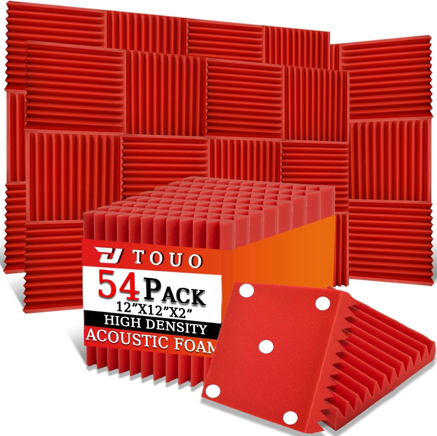 54 Pack Acoustic Panels – Sound Proof Foam Panels for Wall 12"x12"x2", Flame Retardant Wedge Acoustic Foam, High-Density Sound Absorbing Panels for Home Studio(Red, 2" Thick 54 Pack)