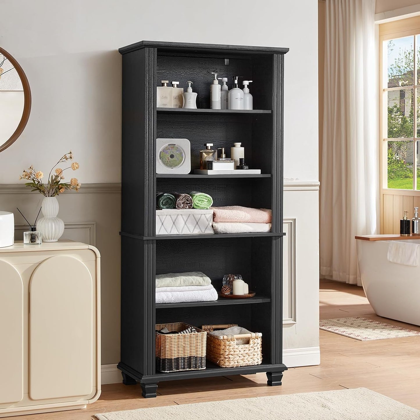 70" Tall Black Bookshelf,5 Tier Wooden Book Shelf with Adjustable Shelves & Wood Legs,Free Standing Farmhouse Bookcase with Open Display Storage,Vintage Bookshelves for Living Room, 3PCS