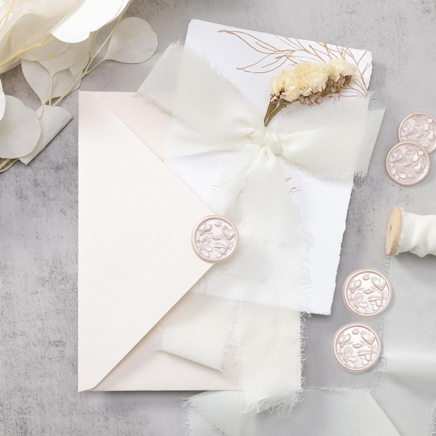 UNIQOOO Wax Seal Stickers - 3D Magnolia Wedding Invitation Envelope Botanical Seal Sticker, 50 Pcs Self- Adhesive Champagne Stickers, Perfect for Invitation, Christmas, Gift Wrapping, Party