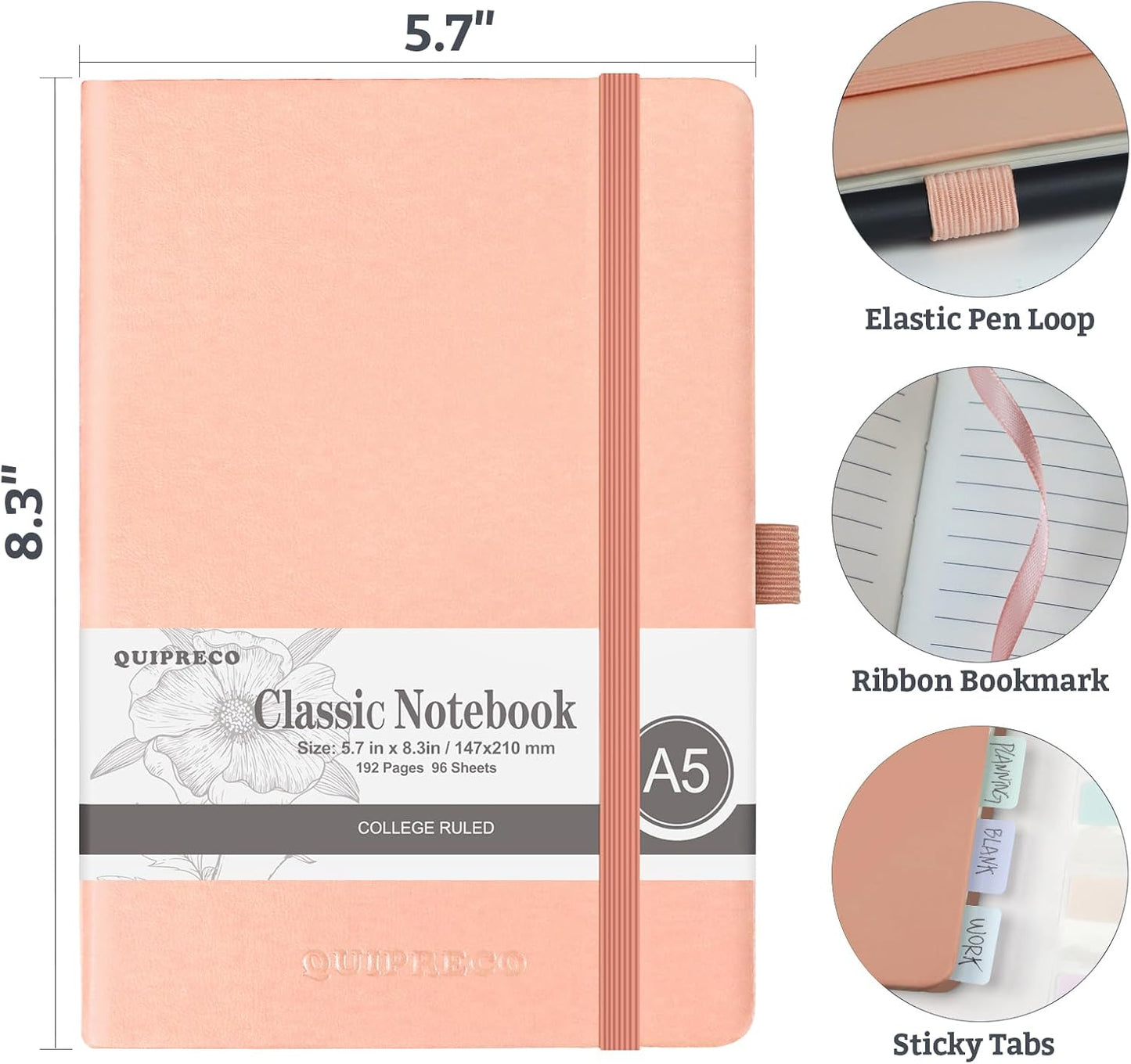 Hardcover Lined Bullet Dotted Journal Notebook, A5 140 192 Pages 100 120Gsm Paper College ruled for School,Work,Travel,and Daily Planning，5.7''*8.3'' (12, Blush, A5 Lined)