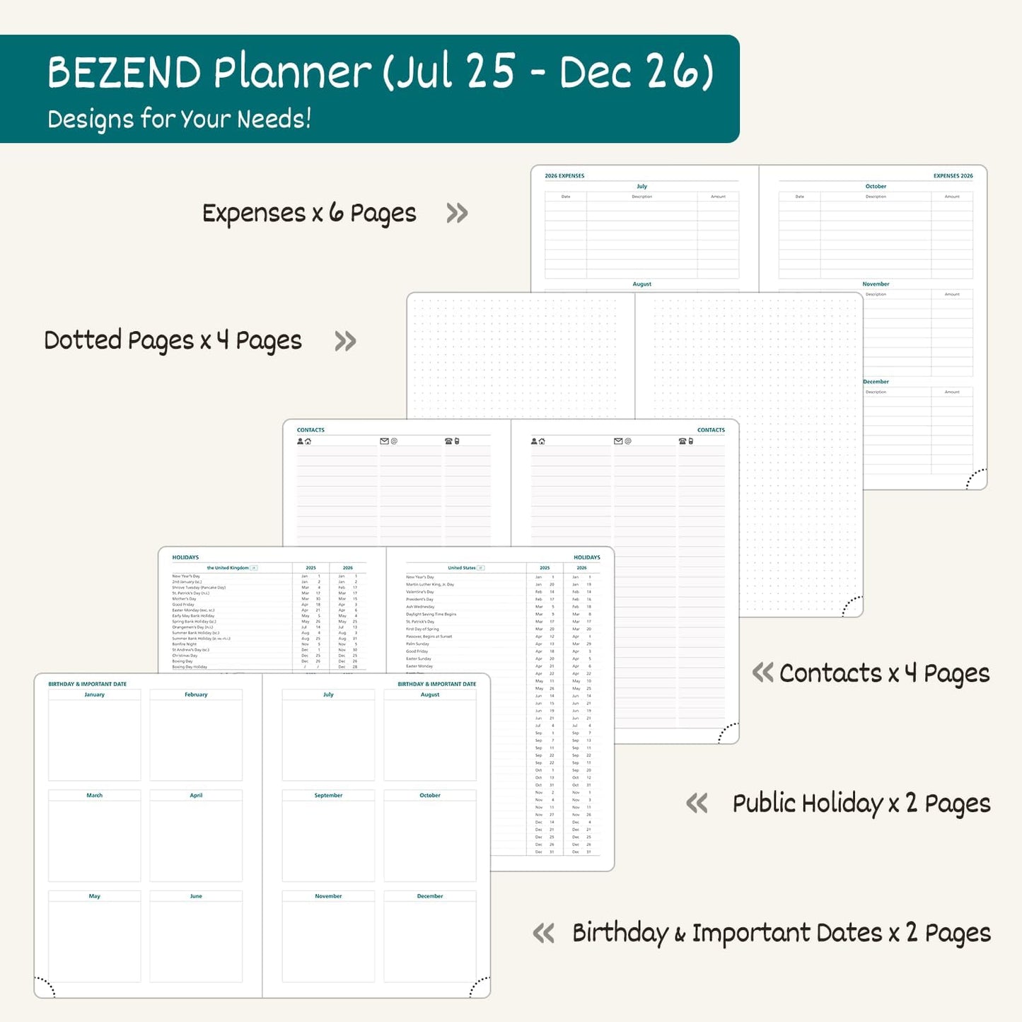 BEZEND Weekly Planner 2025-2026 with 2 Columns, 5.8" x 8.5" Academic Calendar 18 Months (Jul 25-Dec 26) Life Work Appointment Book with Monthly Tab, PU Leather Hardcover - Dutch Blue